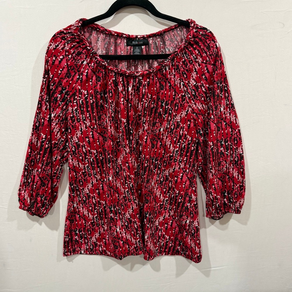 Style & Co Womens XL Red Black Abstract Print Pleated Scoop Neck 3/4 Sleeve Top
